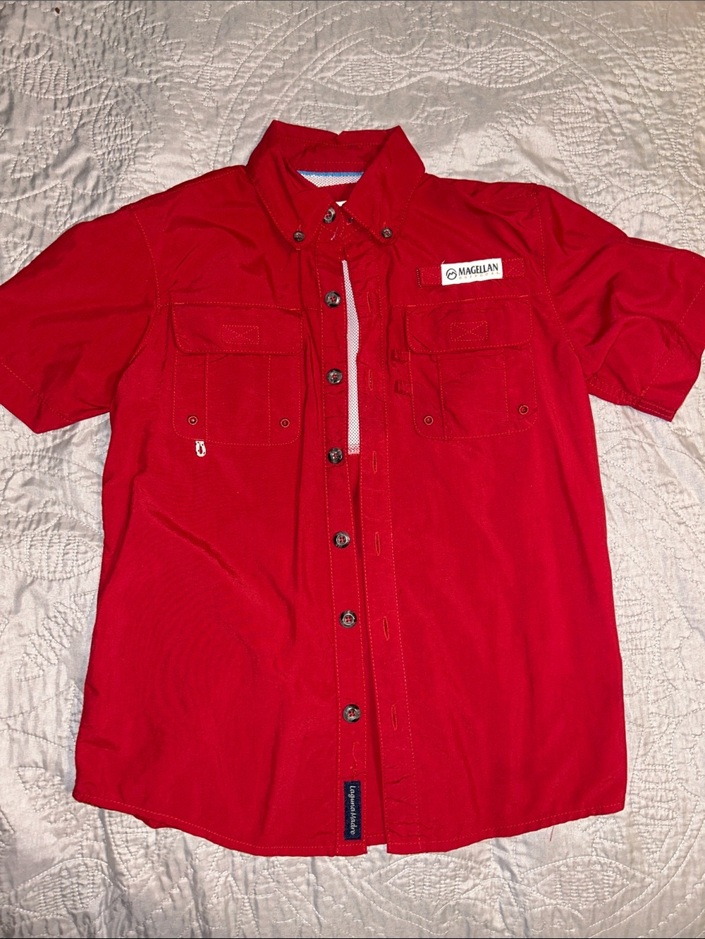 Magellan Outdoors Youth Dark Red Short-Sleeve Fishing Shirt with Chest Pockets